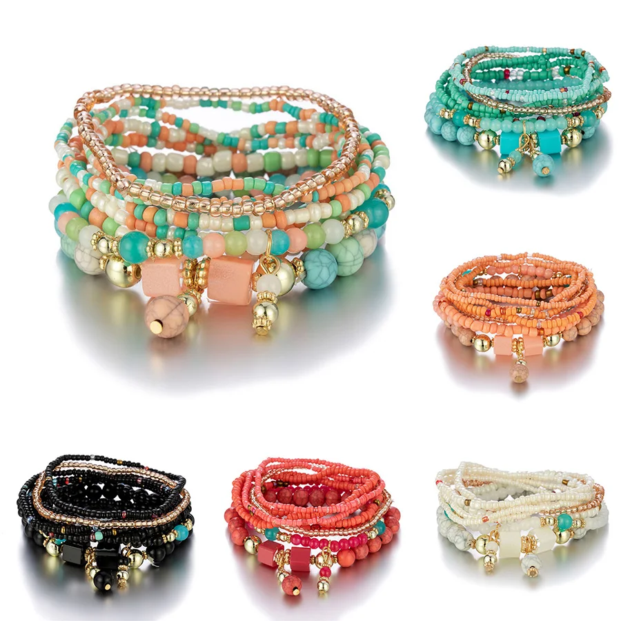 8 pçs bohemia colorido arroz contas pulseira conjunto para mulheres verão artesanal frisado corrente pulseira feminino boho étnico jóias presente