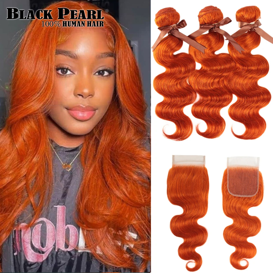 Onda Do Corpo Brasileiro De Cabelo Humano Com Fecho, Pérola Negra, Cabelo Gengibre, Laranja, 3 Pacotes, Remy