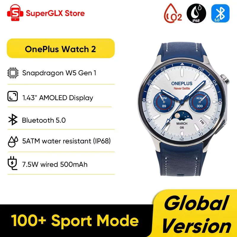 OnePlus Watch 2 SmartWatch Version mondiale 2GB RAM 32GB ROM 1.43 ''AMOLED affichage Google Wear OS 4 GPS double fréquence prise en charge NFC