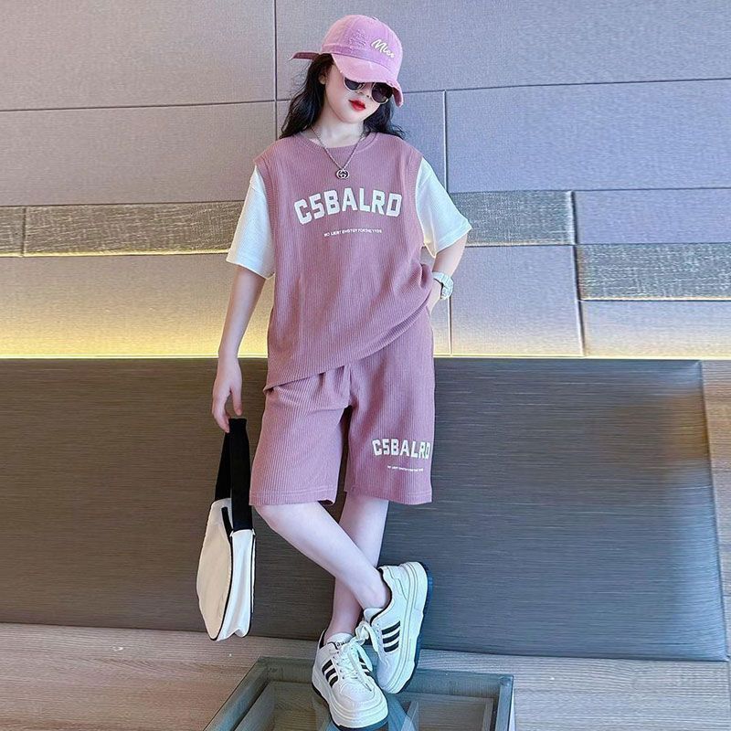 Children's Sets Girls Summer Color Block Fake Two-Layer T-Shirt + Shorts Set: Trendy Sporty Outfit for Big Kids