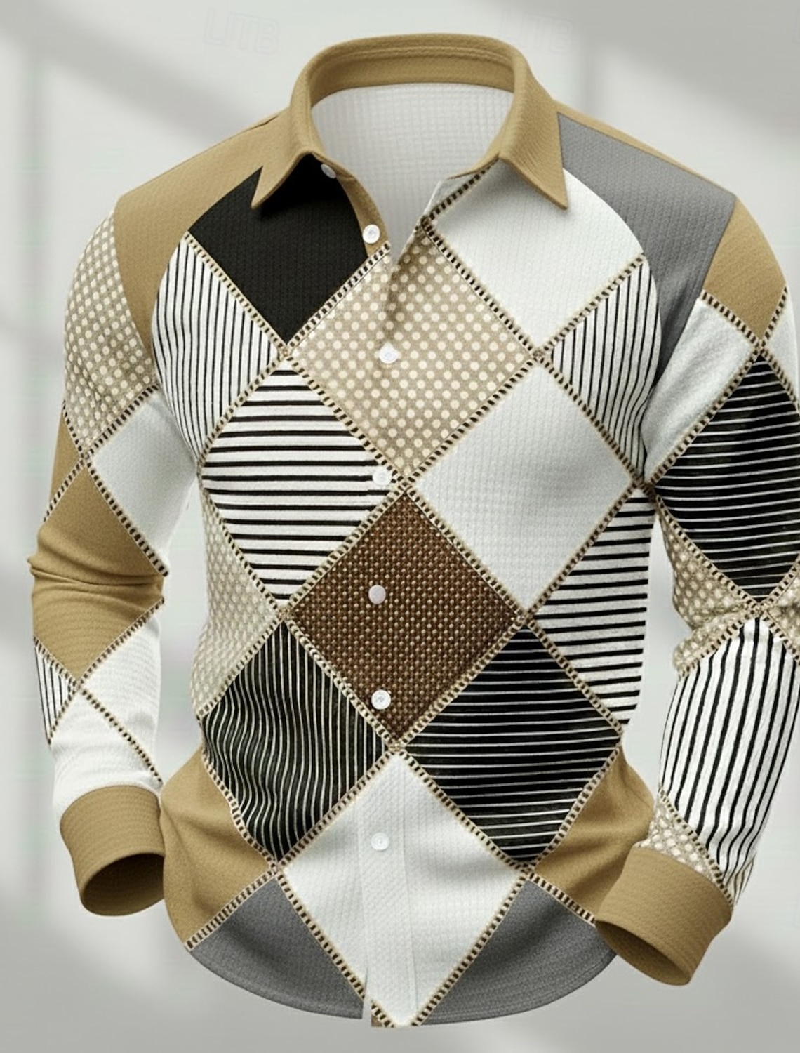 Camicia a maniche lunghe scozzese patchwork retrò da uomo, top casual abbottonato, elegante camicia quotidiana da ufficio/abbigliamento da strada