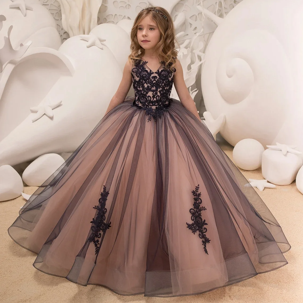 Misshow-vestido de princesa para meninas, vestido de cetim com frisado, até o chão, flor vermelha, apliques pretos, primeira comunhão