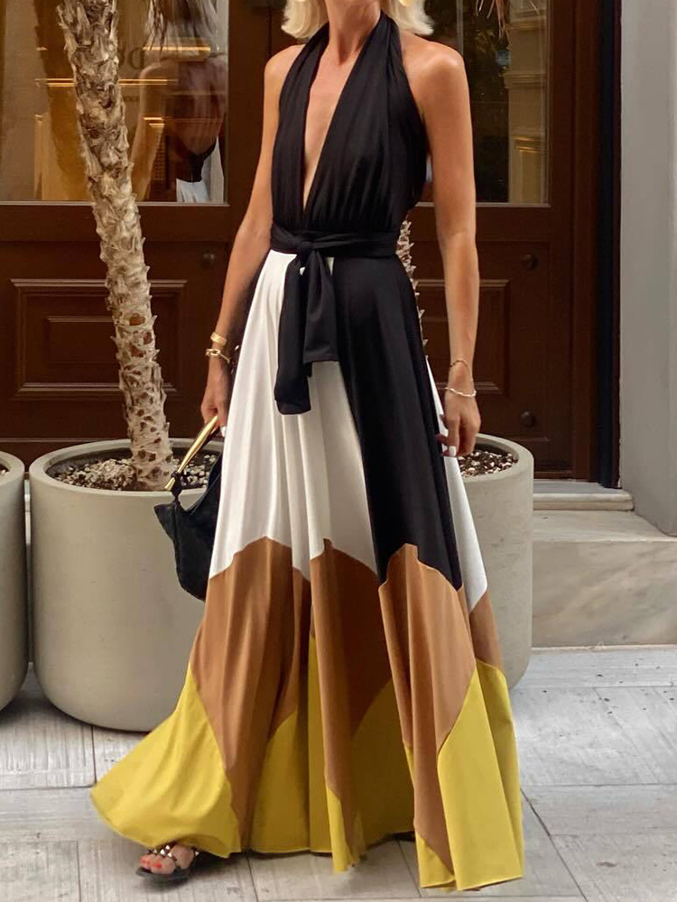 Halter Patchwork Loungewear Eenvoudige Feestjurk, Dames Zomer Mouwloze Elegante Maxi-Jurk, Nieuwe Rugloze Damesjurk Streetwear