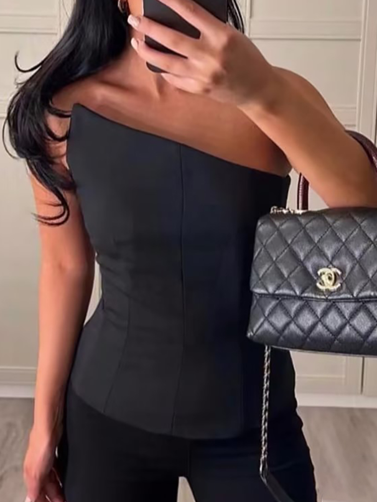 Tops regatas elegantes e cortadas para mulheres, senhoras Vintage Chic Slim Black Top, meninas da festa Sexy Summer Fashion, 2023