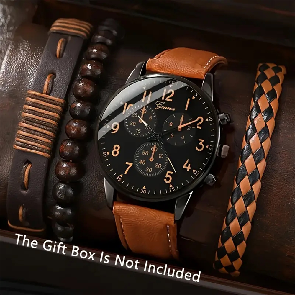 4 peças! Conjunto de relógio de quartzo da moda masculina com pulseira de couro sintético marrom e pulseira simples - exibição de data, sem à prova d'água, zinco Al
