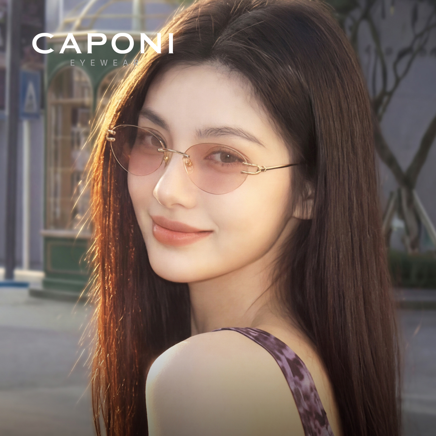 Óculos de Sol Femininos Sem Armação CAPONI, Estilo Cat Eye, Moda para Turismo e Férias, Design Original em Titânio, UV400 CP35051