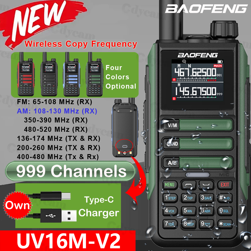 Radio Walkie Talkie Baofeng UV16M V2 Actualizado, AM FM, Banda Completa, Pantalla LCD, 999 Canales, Copia de Frecuencia, VHF UHF NOAA, Reducción de Ruido, Tipo-C