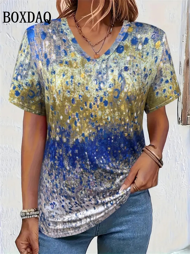 Camisetas de talla grande para mujer, Tops informales de talla grande 8XL con cuello en V, camisas holgadas de manga corta, Jersey Vintage con tinte dibujo Tie