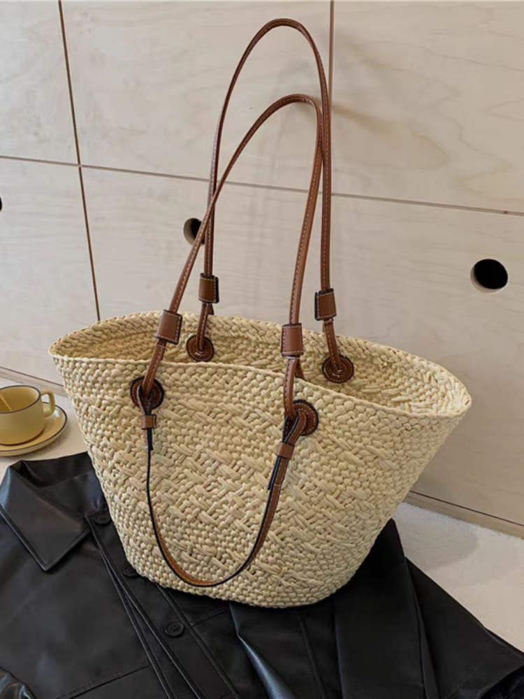 Tas Pantai Anyaman Jerami Warna-warni Tas Keranjang Ketiak Kapasitas Besar Tas Anyaman Liburan Tepi Laut Tas Tangan Tote Pembelanja Wanita Luas