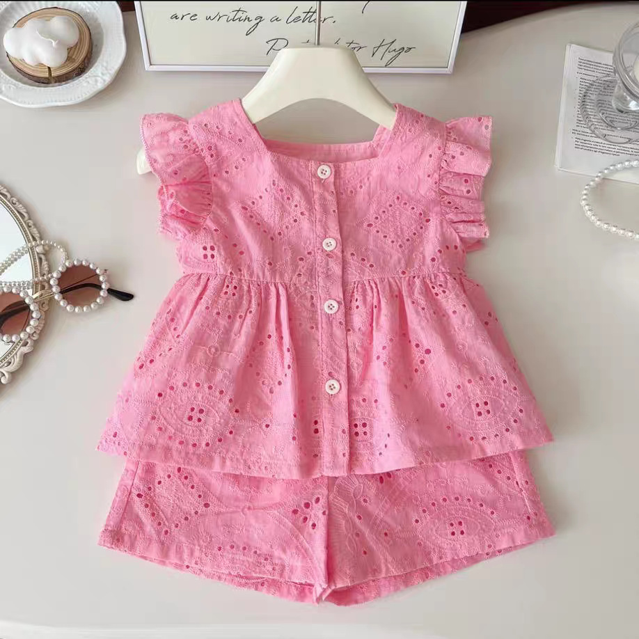 Novo estilo coreano meninas verão rosa algodão terno bebê oco pequena manga voadora topo + shorts de duas peças doce terno da menina do bebê