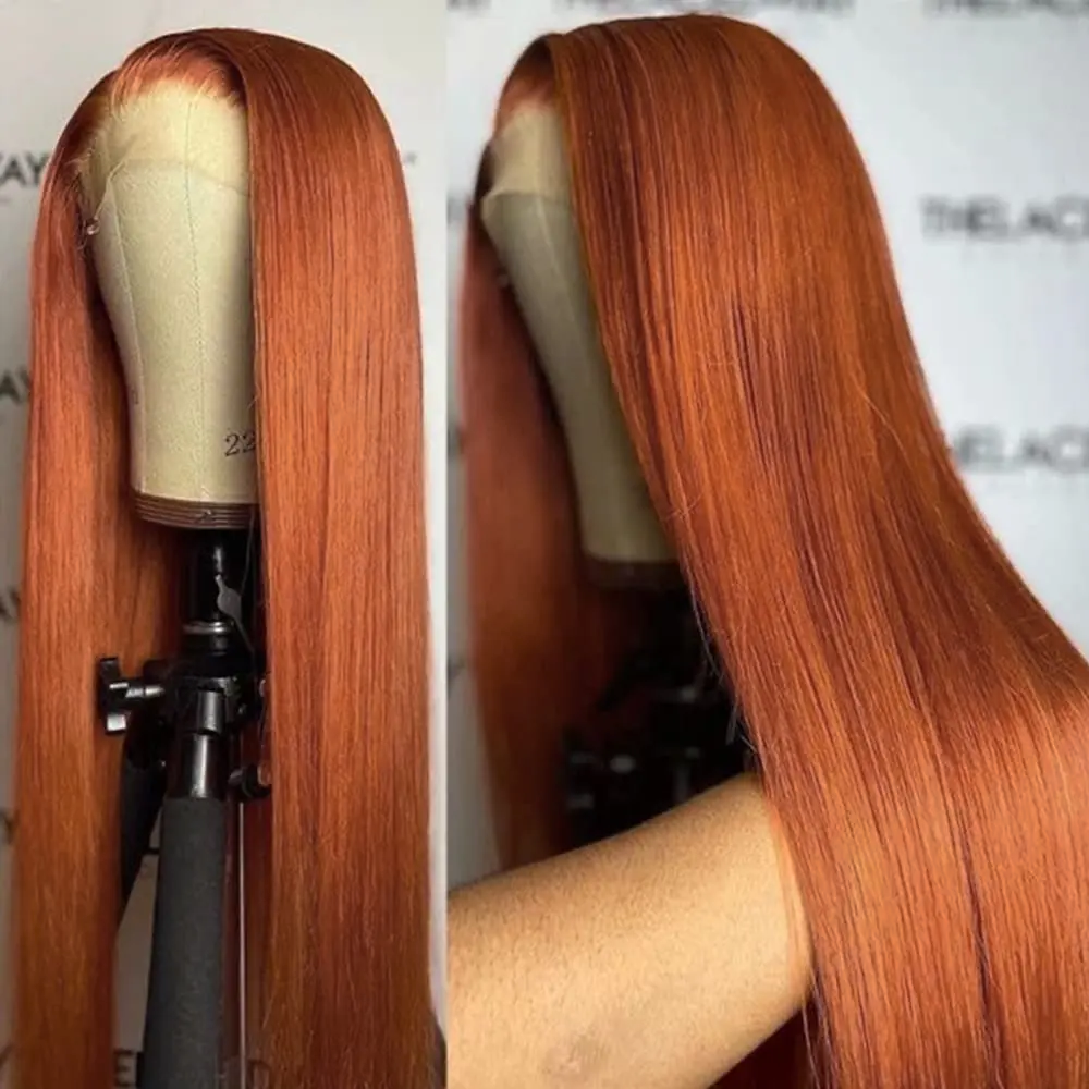 Gengibre cor laranja longo cabelo reto 13*4 perucas dianteiras do laço cobre cabelo vermelho sem cola pré arrancado perucas dianteiras do laço sintético