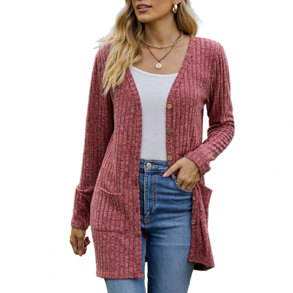 Invierno otoño mujer cárdigan abrigo tejido suéter de un solo pecho bolsillos elásticos cálido longitud media chaqueta de señora cárdigan