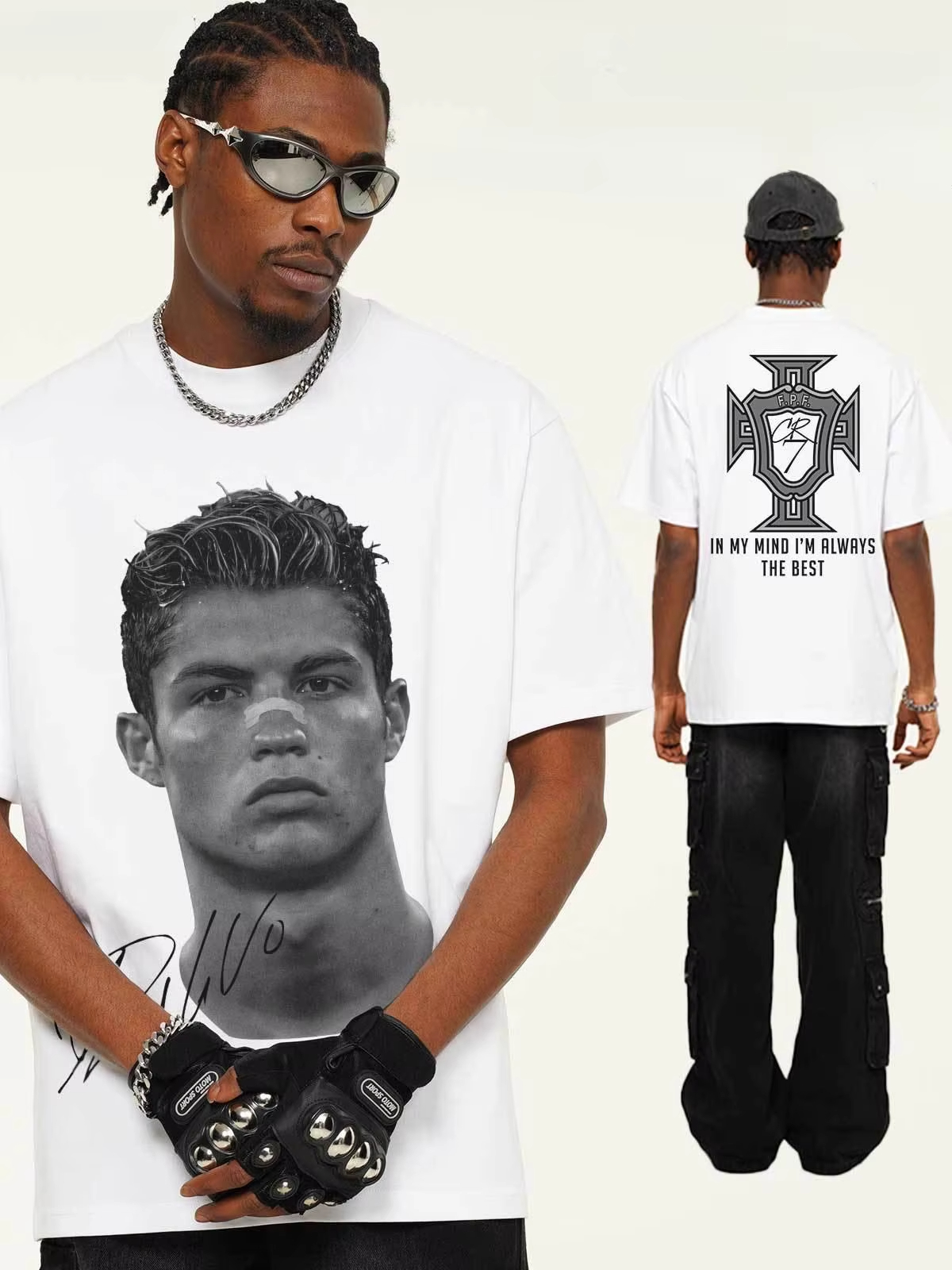 Męska koszulka z nadrukiem portretu Cristiana Ronaldo, 100% bawełna, vintage, sprana, z krótkim rękawem, luźna, streetwear, dla fana piłki nożnej, casual.
