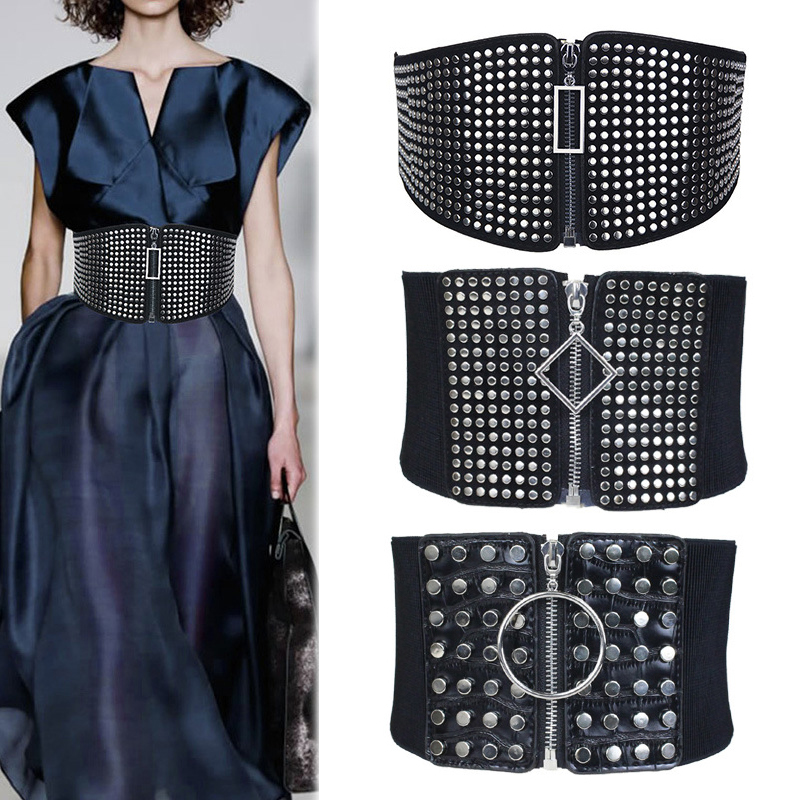 Faja elástica con remaches para mujer, cinturón tejido negro, cintura ancha, adelgazante, cintura alta, cinturón decorativo con cremallera