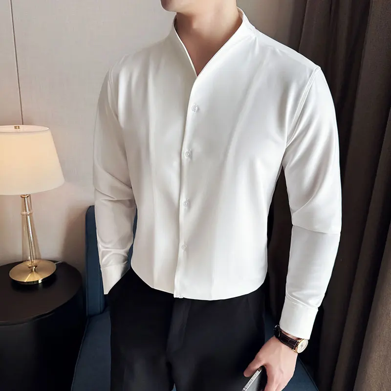 Camisa con cuello en V para hombre, otoño 2025, estilo británico, antiarrugas, suave, sólido, informal, elástico, ajustado, camisa de vestir de manga larga, ropa para hombre