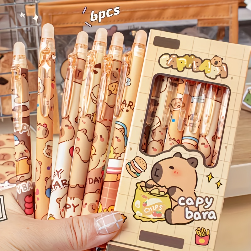 Stylos à gel effaçables Capybara mignons, 6 pièces |   Encre bleue rétractable de 0,5 mm pour l'école et le bureau |   Écriture fluide et séchage rapide (6 couleurs)
