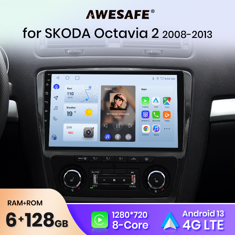 Автомагнитола AWESAFE с беспроводным CarPlay и Android Auto для SKODA Octavia 2 A5 2008-2013, GPS-навигация, управление с руля, FM, Bluetooth, Plug and Play, стереосистема