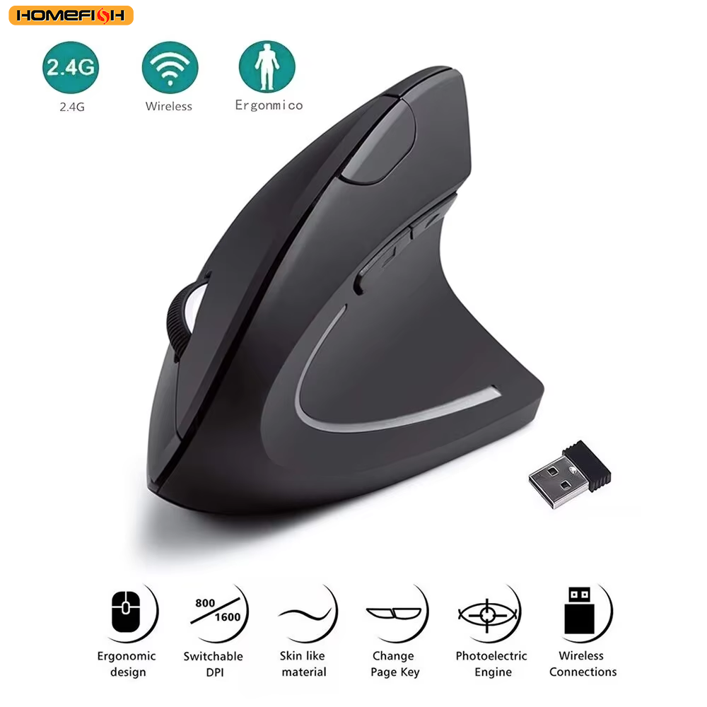 Ratón Vertical Ergonómico Inalámbrico de 2.4GHz HOMEFISH, Ratón Óptico con 3 DPI Ajustables 800/1200/1600 y 6 Botones para Computadora Portátil y PC