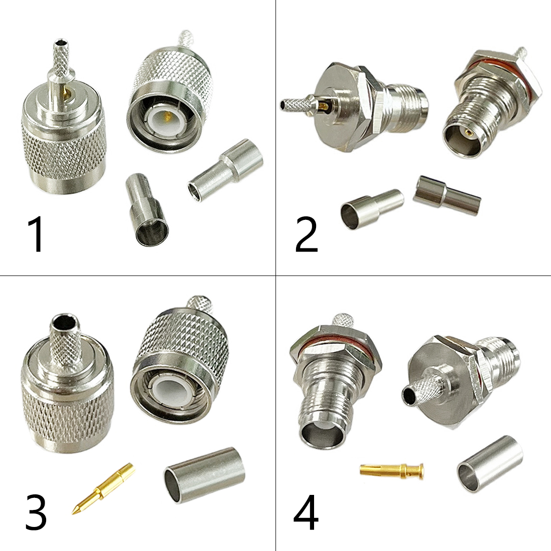 Connecteur coaxial RF TNC mâle/femelle à sertir pour câbles RG316, RG174, RG58, RG142, en cuivre nickelé avec dessin technique - NOUVEAU (1 à 4 pièces)