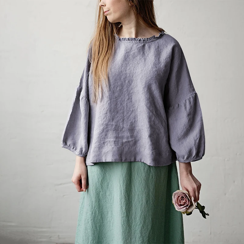 Bielizna Retro damska koszulka na co dzień luźna O-Neck Ruffles koszulka z długim rękawem wiosna jesienna, w stylu Basic topy koszule Mujer Camisetas