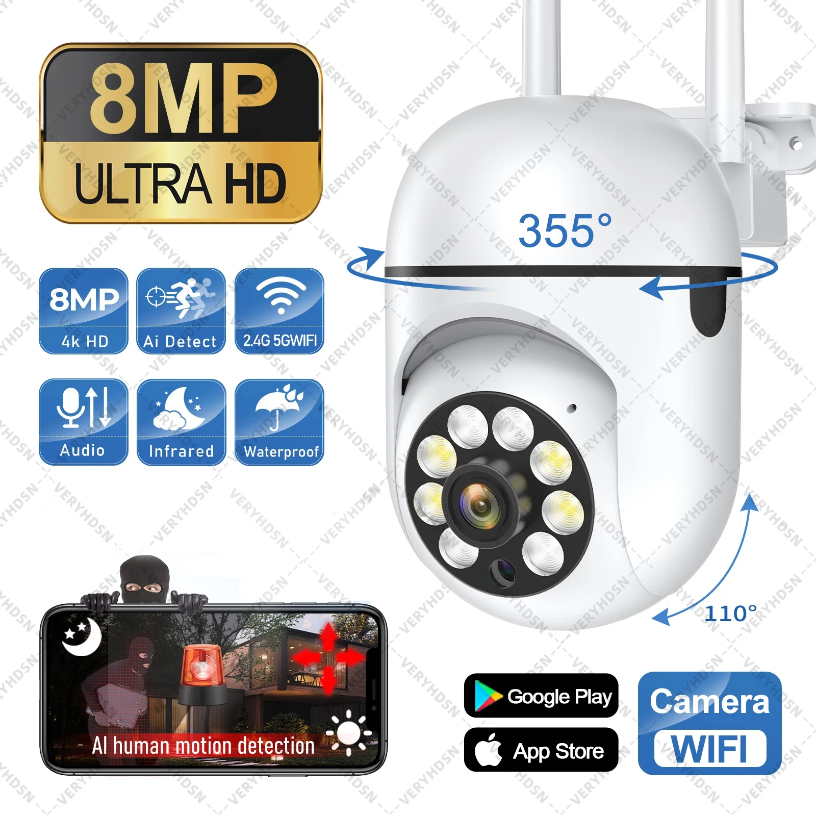 Zoomkameras AI Human Tracking Zwei-Wege-Audio HD Nachtfarbkamera 8MP Drahtlose Sicherheitsüberwachung PTZ-Kamera Wifi IP Outdoor 4X