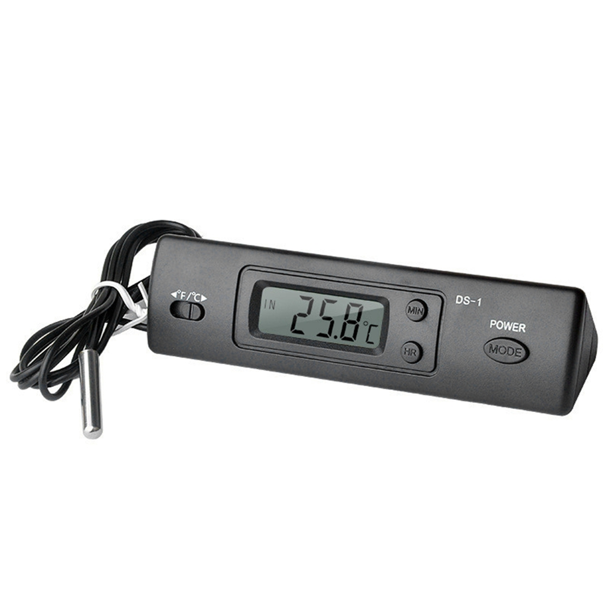 DS-1เครื่องวัดอุณหภูมิในรถจอแสดงผล LCD c/f นาฬิกาตัวควบคุมเซ็นเซอร์อุณหภูมิในร่มเทอร์โมสตัทกลางแจ้งพร้อมหัววัด