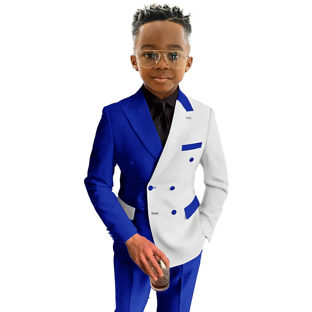 Weißer und königsblauer Jungenanzug, 2-teiliges Set, modisch, Party, Hochzeit, Smoking, 3–16 Jahre alte Kinder, Blazer, zweireihige Kleidung