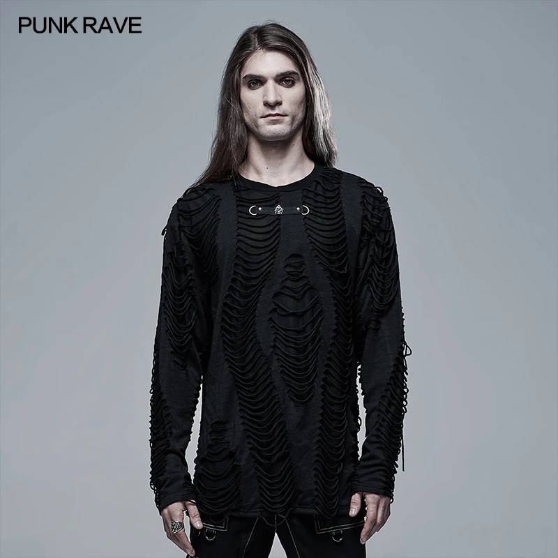 PUNK RAVE Kaus Hitam Pria Gotik Rajutan Terbakar Longgar Rusak Kepribadian Punk Keren Kasual Jalan Atasan Kaus Streetwear