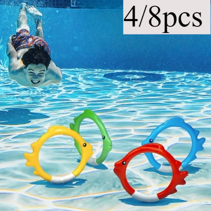 Conjunto de anéis de mergulho 4/8 peças-equipamento de treinamento de natação subaquática com anéis de recuperação em forma de peixe, brinquedos de piscina de pvc flutuantes adultos/crianças