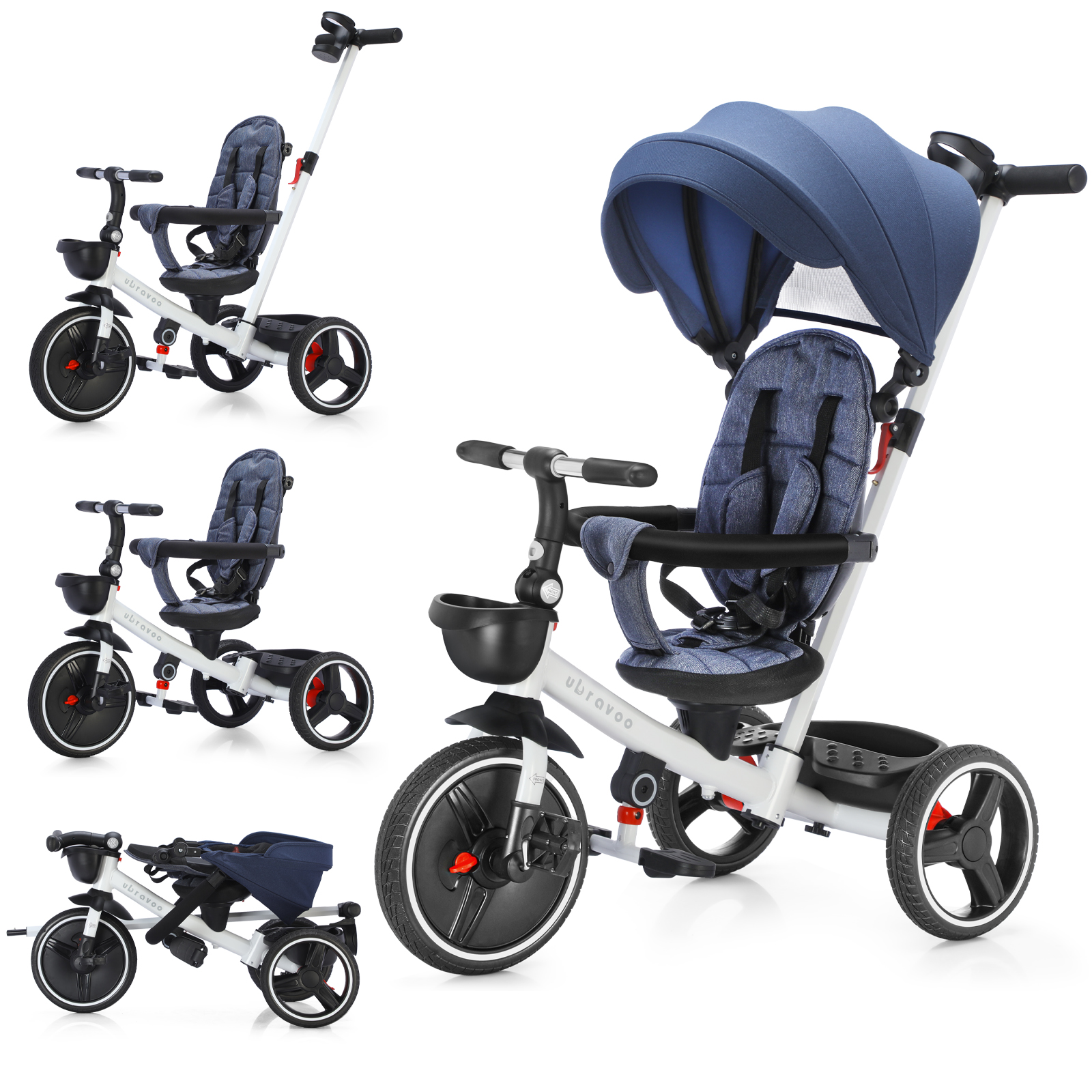 6-in-1-Baby-Dreirad, zusammenklappbares Kinder-Dreirad mit verstellbarem Handgriff, Sicherheitsgurt, Radbremsen und abnehmbarem Baldachin