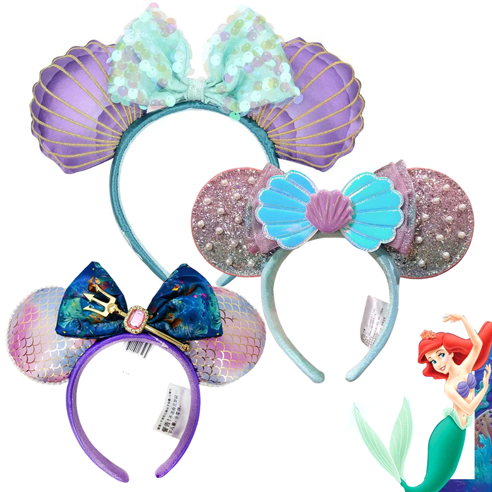 Serie de princesas de Disney, diadema de sirena y Minnie Mouse, lazos de concha, disfraz de orejas, diadema de felpa para Cosplay, diadema para adultos/niños, regalo