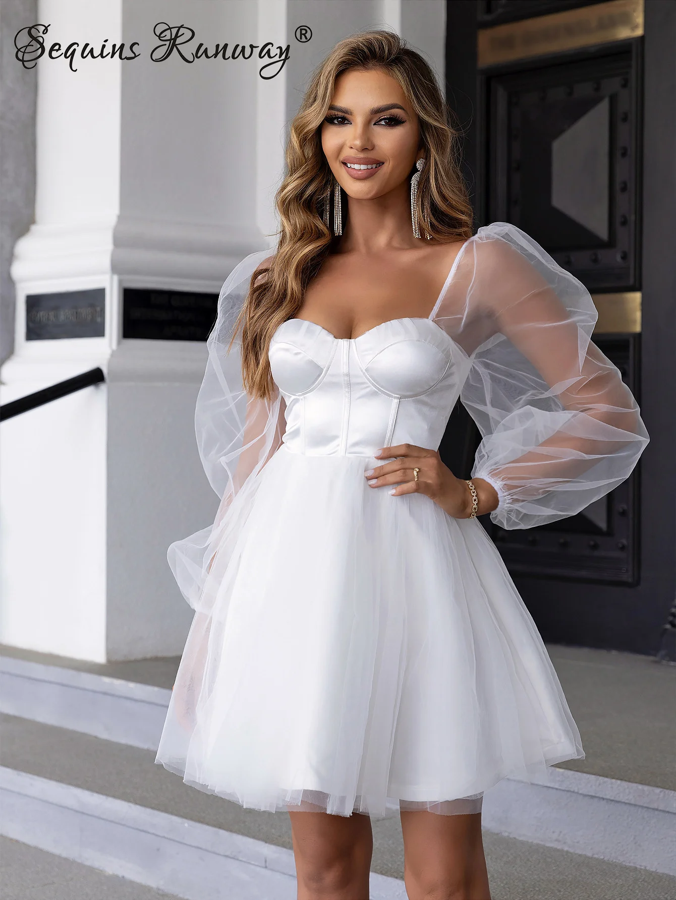 Vestido de Verano Corto Transparente y Sexy para Mujer, Elegante y Lujoso, de Malla, para Bodas y Fiestas, de Manga Larga, para Damas de Honor, Vestidos de Noche
