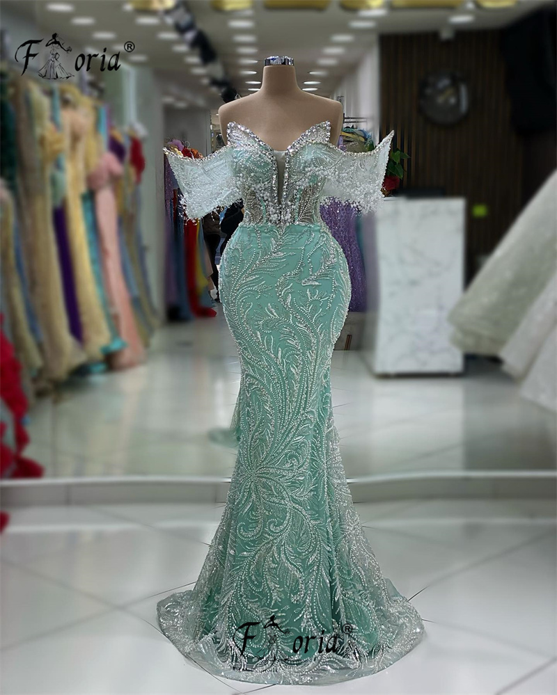Fashion Mint Green Mermaid Evening Dresses Off Shoulder Sparkling Beads Sequin Celebrity Formal Party Dress Elegant Prom Gowns