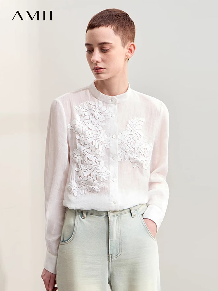 Amii-Chemises minimalistes pour femmes, col montant chinois, chemise en dentelle avec décalcomanie, chemisiers à boutons coquillages, mode féminine, automne, nouveau, 2024, 12443001