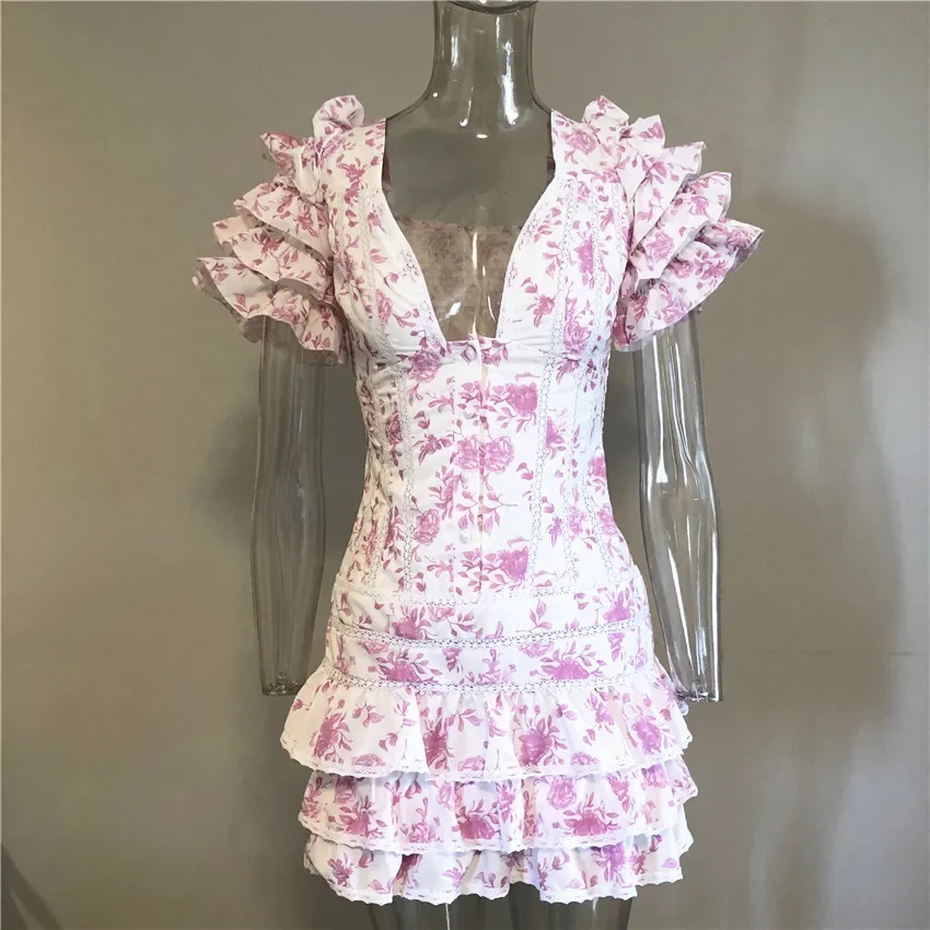 Mini vestido com estampa floral doce feminino, decote em v, plissado, azul claro, novo