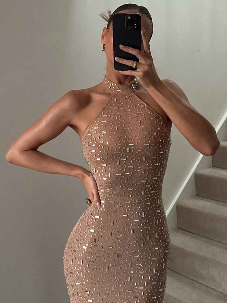 Vestido Elegante com Apliques de Lantejoulas Sisterlinda, Vestido Chic Sem Mangas, Estilo Halter, Moda Esticada, Bodycon para Festas e Clubes