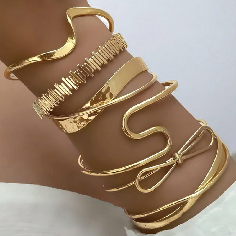 6pcs Vintage Exaggerated Luxurious Geometric Bow Design Metal Gold Color Bangle Bracelet Sets for Women Daily Wear Jewelry Gifts