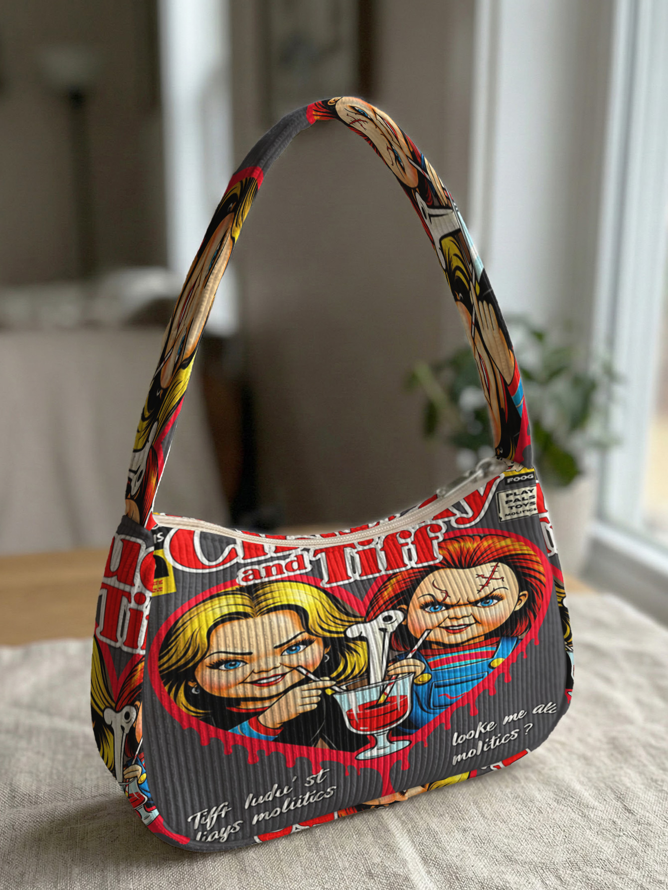 Modna torba na ramię z nadrukiem Chucky i Tiffany, torba pod pachę z sztruksu do codziennego użytku.