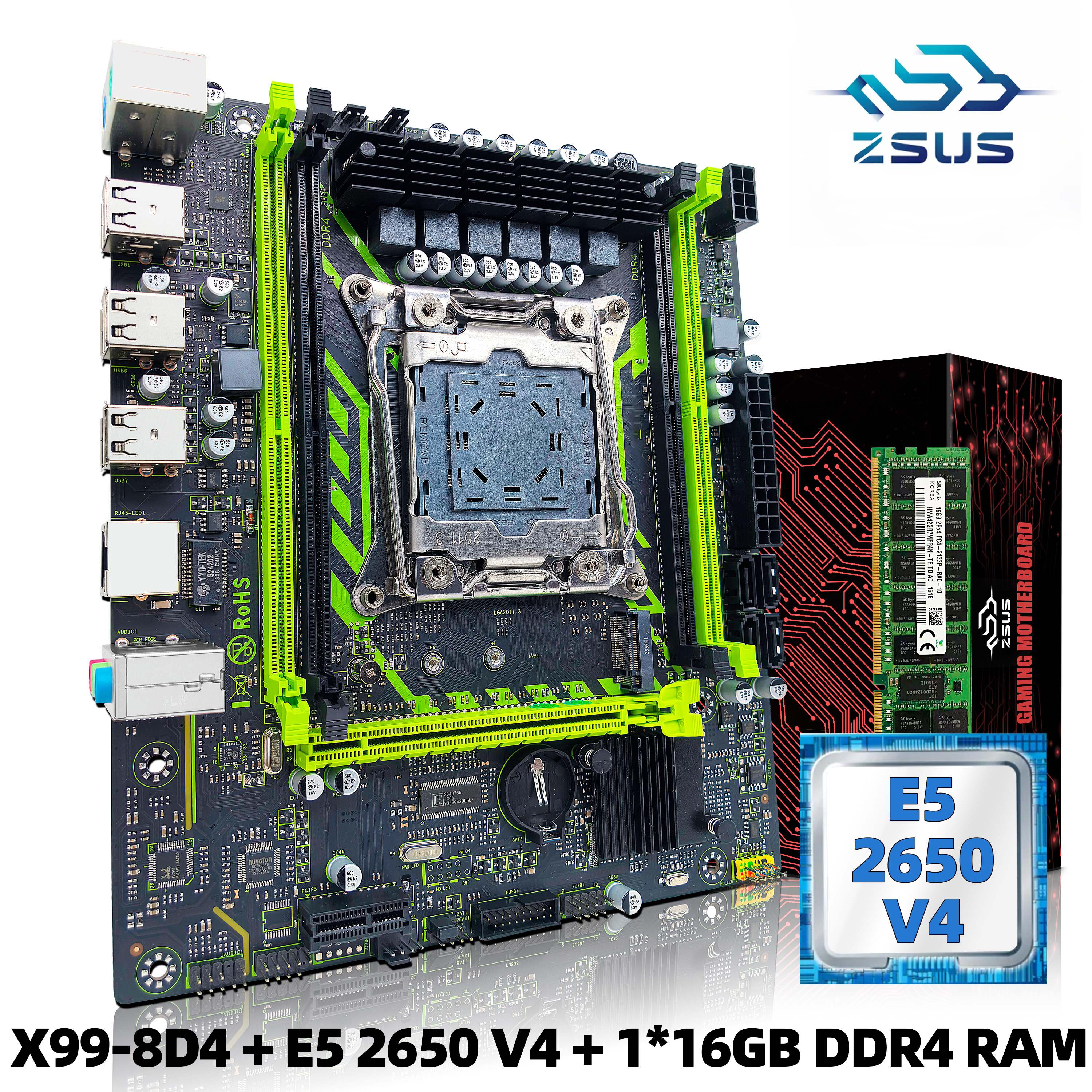 Zsus X99-8D4 conjunto de placa-mãe com LGA2011-3 xeon e5 2650 v4 cpu ddr4 16gb (1*16gb) 2133mhz memória ram nvme m.2 sata