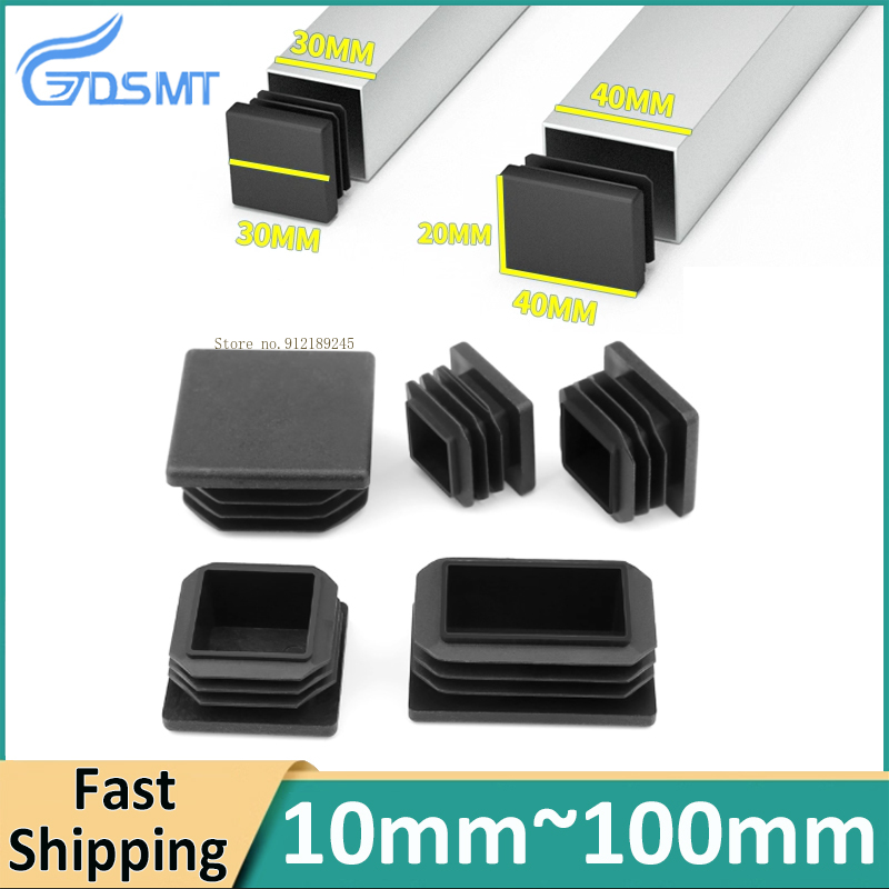 Tapón de tubo cuadrado de plástico negro, tapa ciega, almohadilla para base de silla, cubierta para mesa, banco, almohadilla para pierna, antideslizante, 10MM ~ 100MM