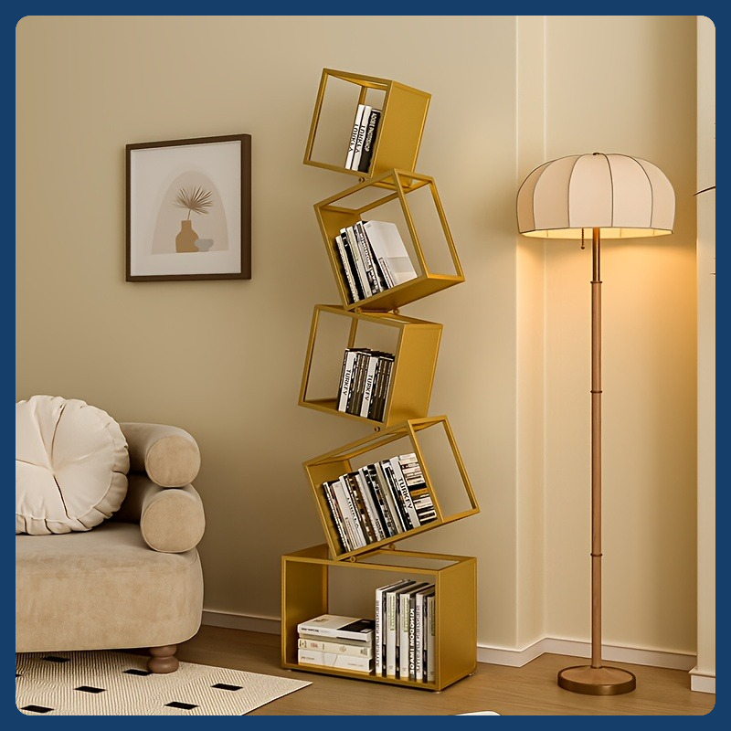 Verticale hoekboekenplank - meerlaagse smeedijzeren displayplank met geruit ontwerp, moderne woonkameropbergkast, plank