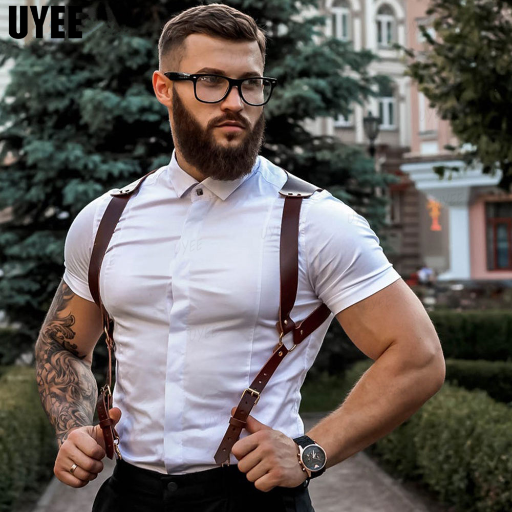 UYEE Punk Mode PU Leder HosentrĂ€ger fĂŒr MĂ€nner Hemd Hosen Schnalle Verstellbare GĂŒrtel Weste Riemen HosentrĂ€ger Harness Rave Fetisch