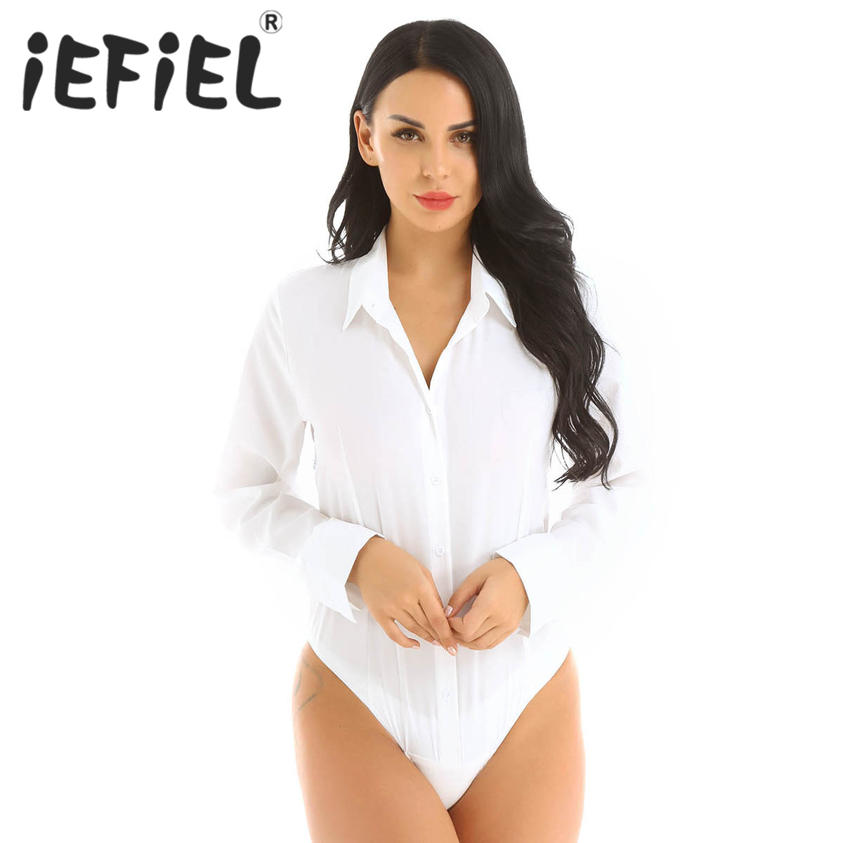 Body blanco de oficina para mujer, camisa OL de manga larga, leotardo, ropa femenina, cuello vuelto, Tops, blusa corporal