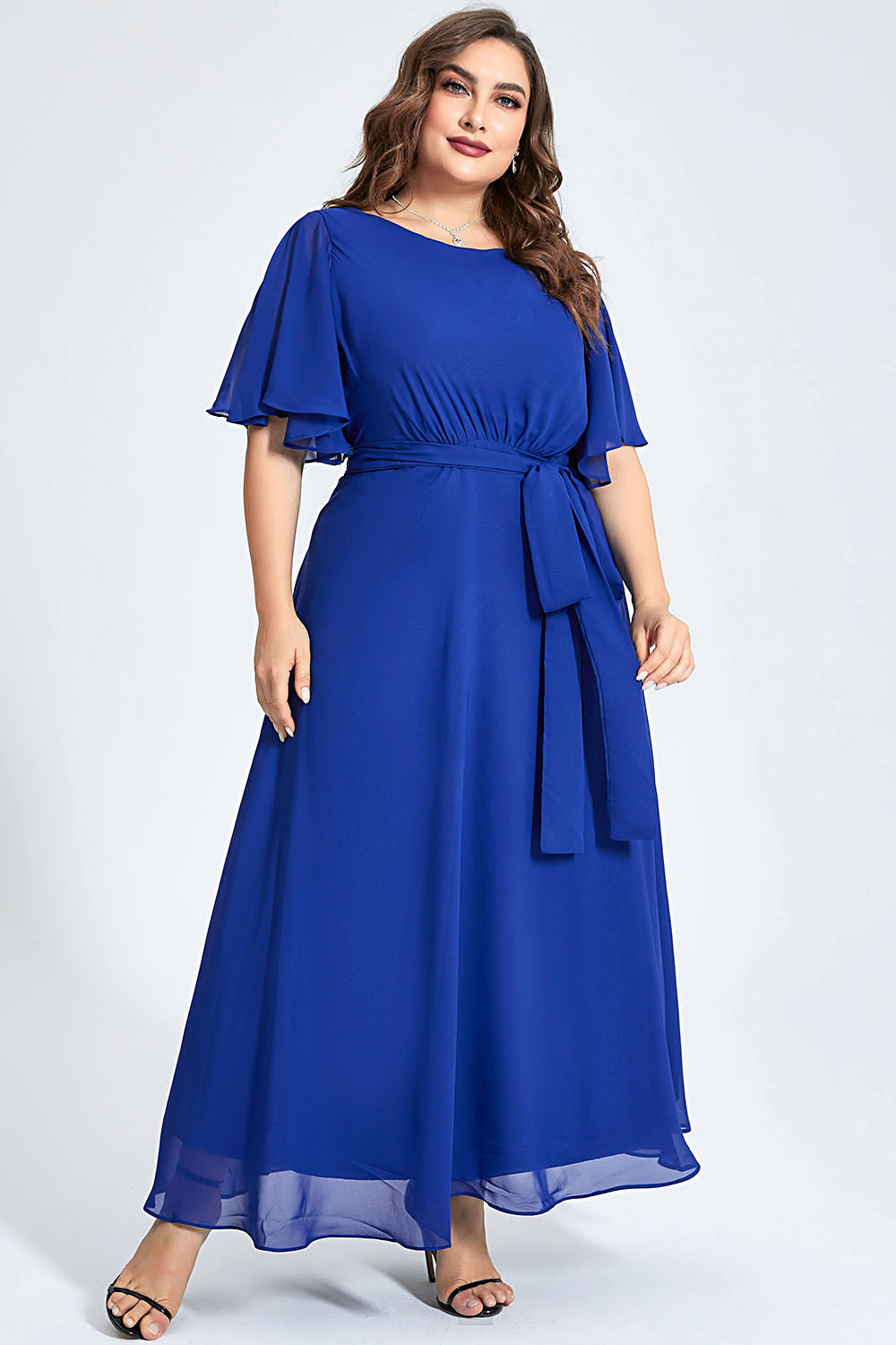 Flycurvy Vestido largo tipo túnica con cordones y manga con volantes de gasa azul real formal de talla grande