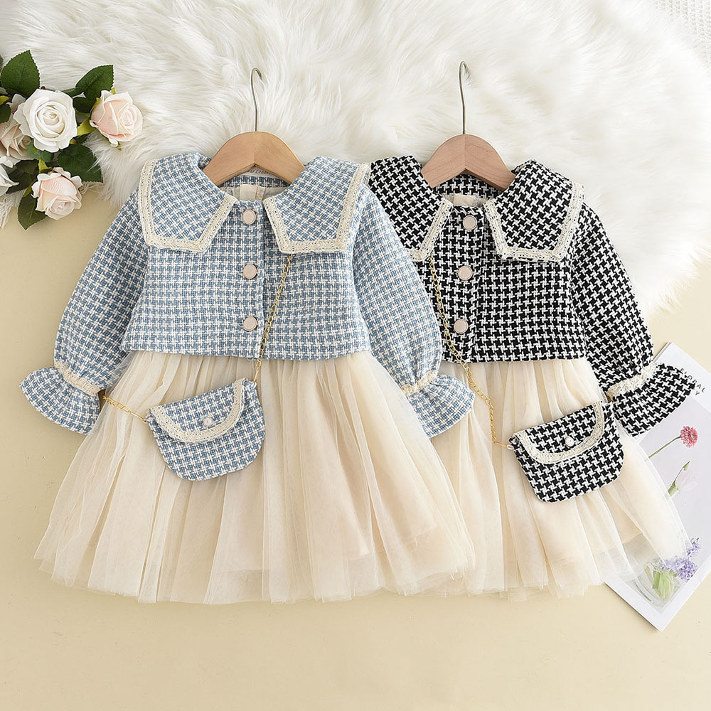 Conjunto feminino de 3 peças com verificação de pássaros - casaco de lapela grande + saia colete + bolsa |   Conjunto infantil clássico