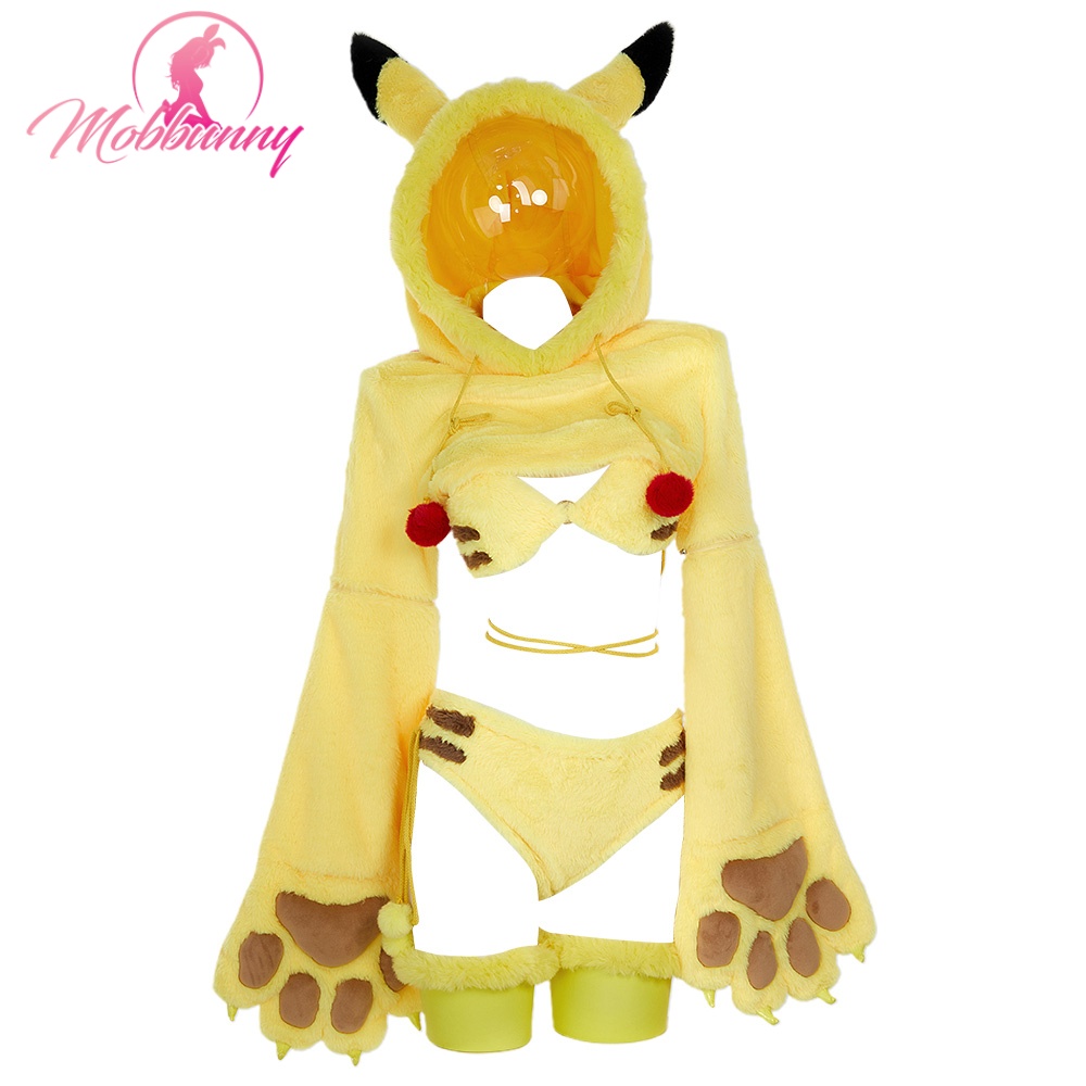 Stock américain MOBBUNNY PM dérivé patte fourrure jaune ensemble de Lingerie Sexy gros patte gants à capuche et soutien-gorge culotte + queue Cosplay Costume