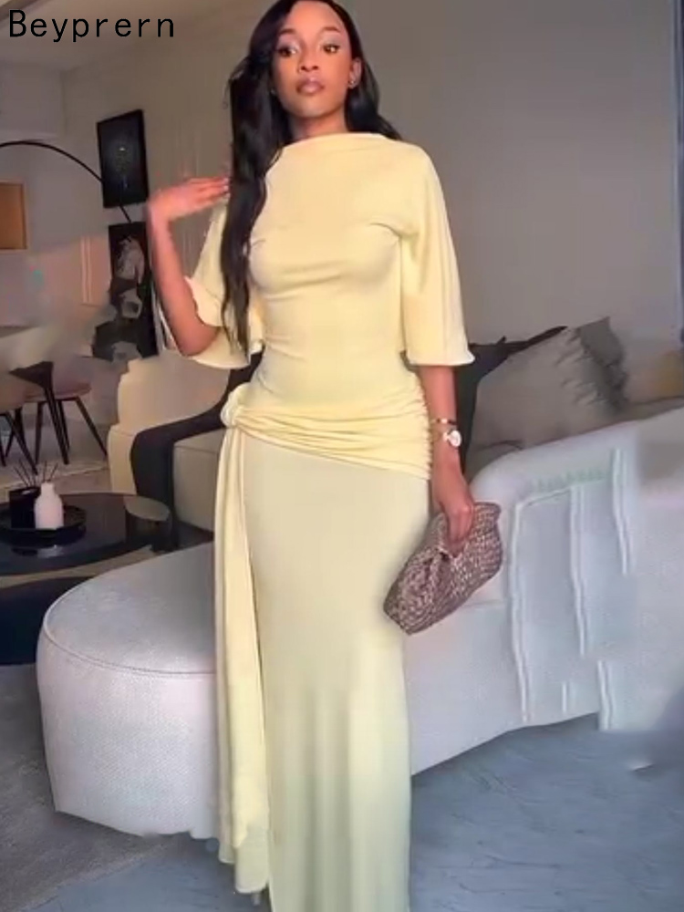 Beyprern elegante sem costas bandagem maxi vestido para mulheres sexy manga curta bodycon lado split ruched drape festa noite vestidos