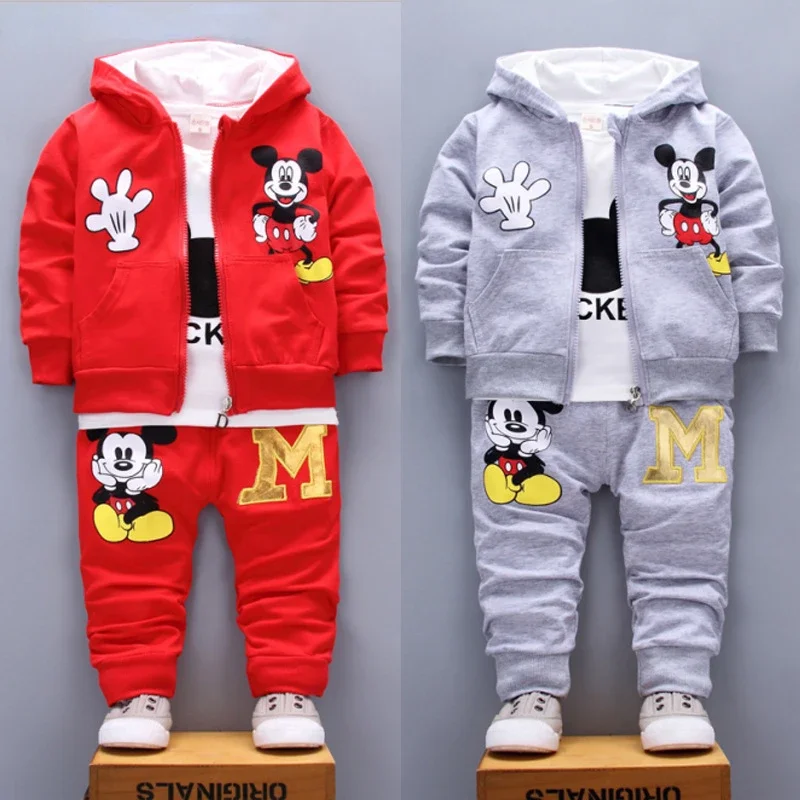 Primavera e outono novos produtos meninos conjunto de roupas bonito mickey algodão casaco com capuz + camiseta + calças 3 pçs conjunto casual crianças roupas esportivas