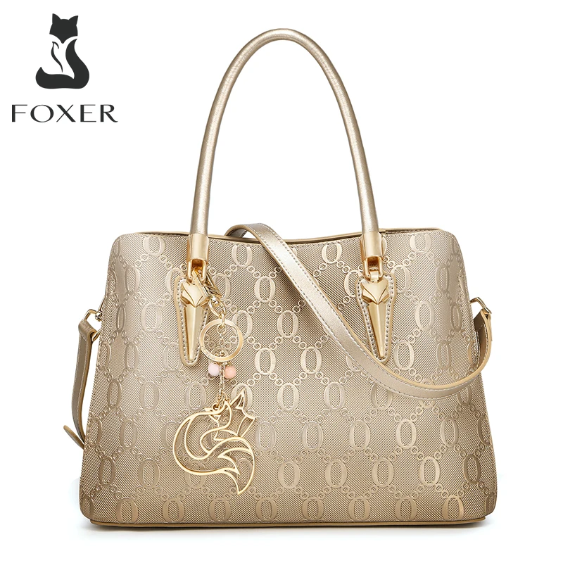 Bolso de Mano Monograma de Piel Dividida FOXER, Bolso de Hombro para Mujer, Bolso Cruzado de Piel de Vacuno de Lujo, Regalo para Esposa