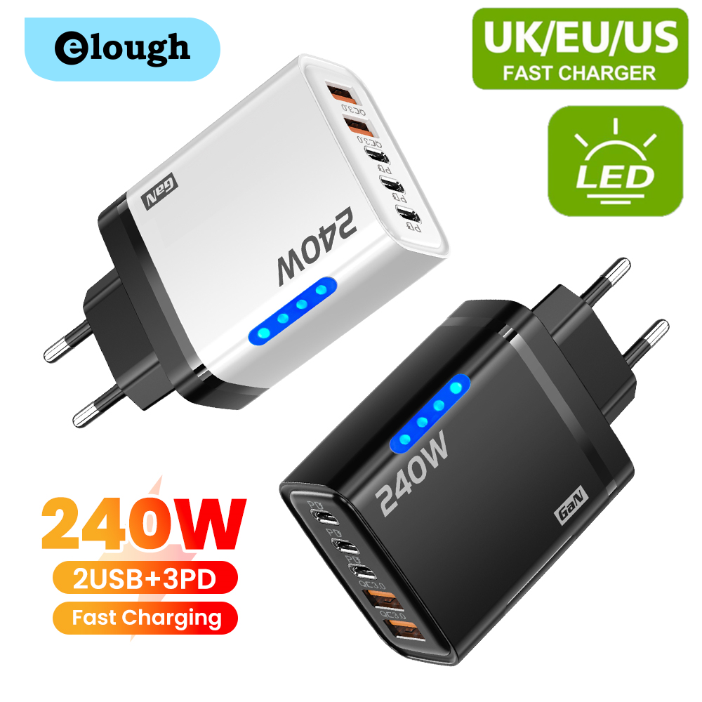 240w 5 portas 2usb + 3 tipo c carregamento rápido led carregador de telefone móvel para xiaomi huawei iphone samsung usb c eua/ue adaptador de carregador